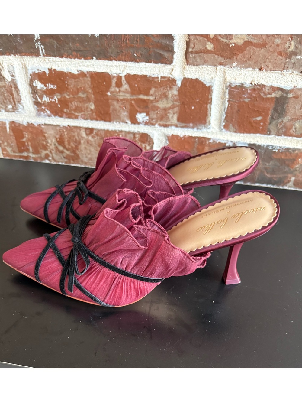 Antonio Melani x Nicola Bathie Sophia Chiffon Velvet Bow Dress Mules Size 9 - Picture 4 of 14